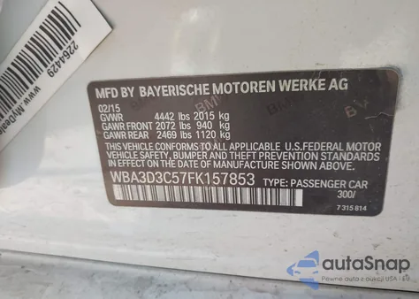 2015 BMW 328D из США, поврежденный, VIN WBA3D3C57FK157853